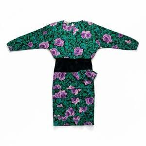 Vintage A.J. Bari 100% Silk Floral Dress Purple Teal Green Rose Print Size 8